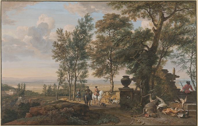 Isaac de MOUCHERON - Landscape with Hunters Near a Terrace with Dead Game | MasterArt